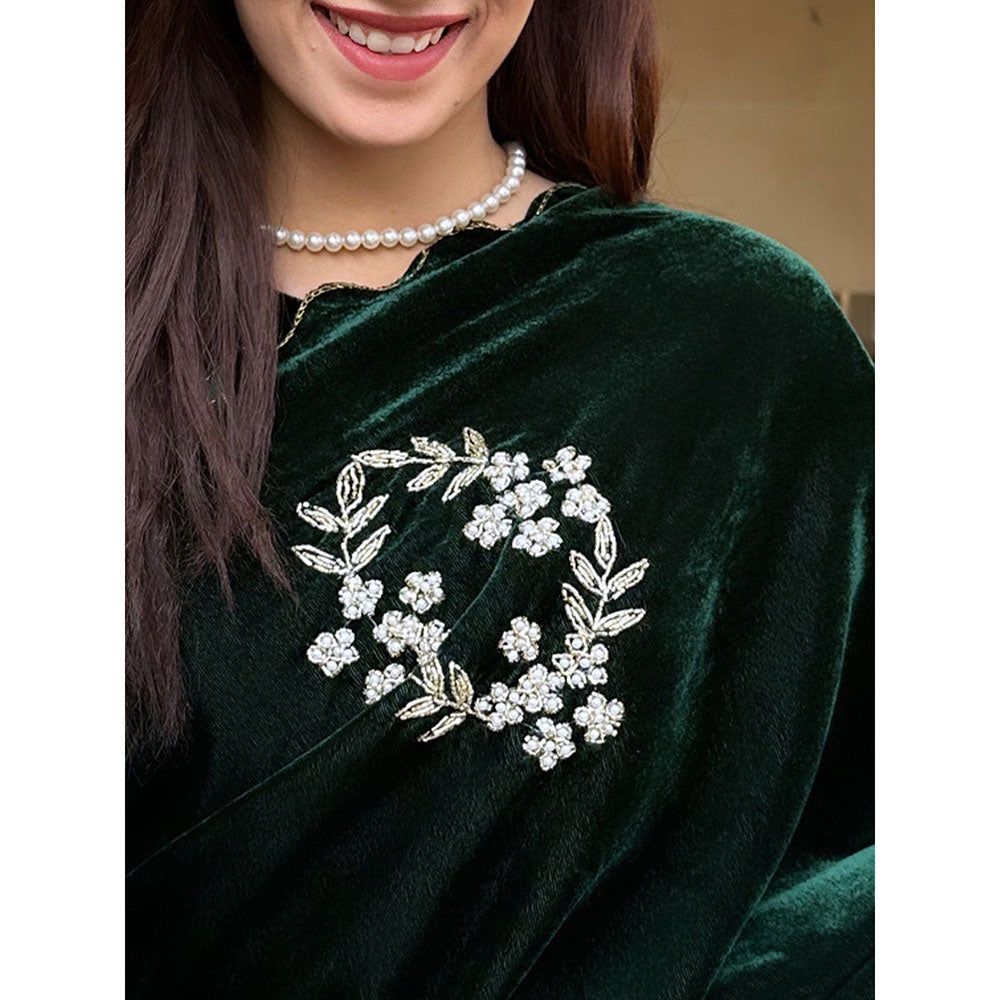 Odette Women Velvet Embroidered Green Saree with Unstitched Blouse