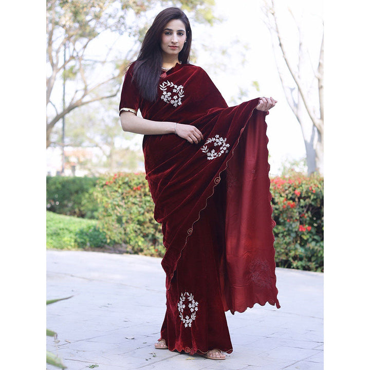 Odette Women Velvet Embroidered Maroon Saree with Unstitched Blouse