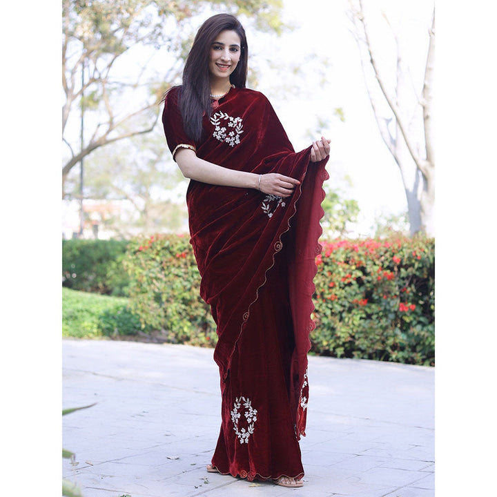 Odette Women Velvet Embroidered Maroon Saree with Unstitched Blouse