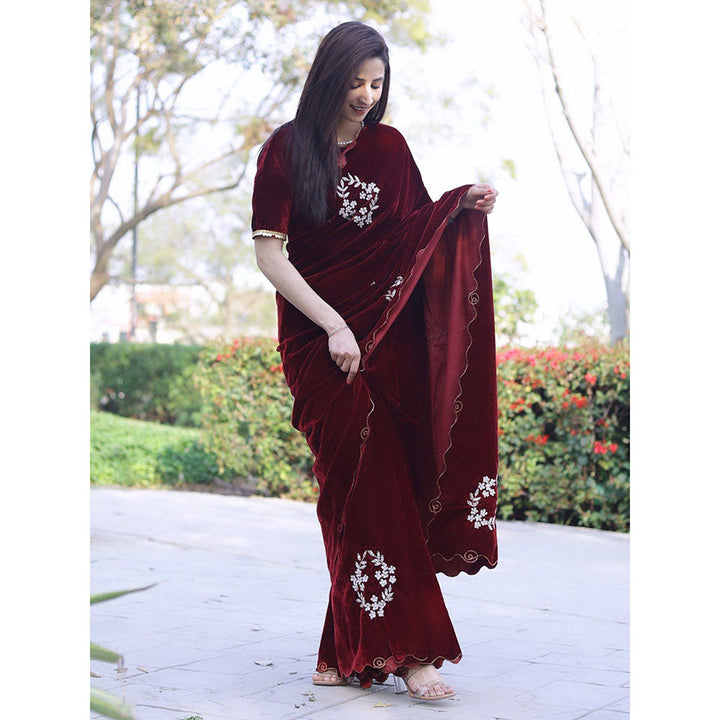 Odette Women Velvet Embroidered Maroon Saree with Unstitched Blouse