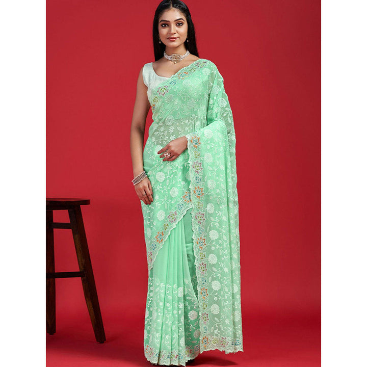 Odette Green Georgette Embroidered Saree with Unstitched Blouse for Women