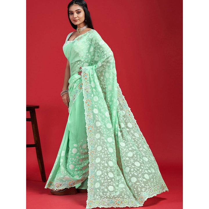 Odette Green Georgette Embroidered Saree with Unstitched Blouse for Women