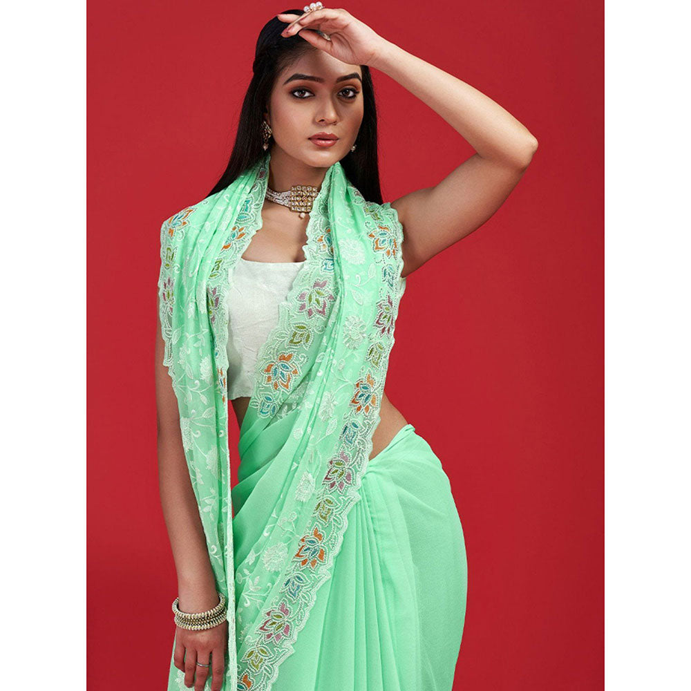 Odette Green Georgette Embroidered Saree with Unstitched Blouse for Women