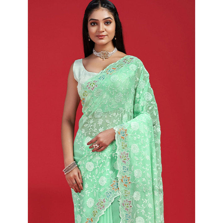 Odette Green Georgette Embroidered Saree with Unstitched Blouse for Women