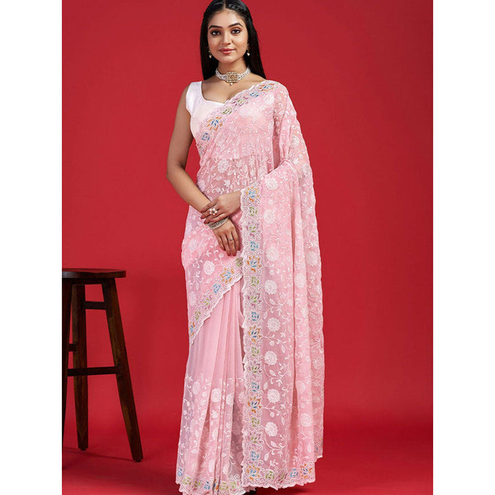 Odette Pink Georgette Embroidered Saree with Unstitched Blouse for Women