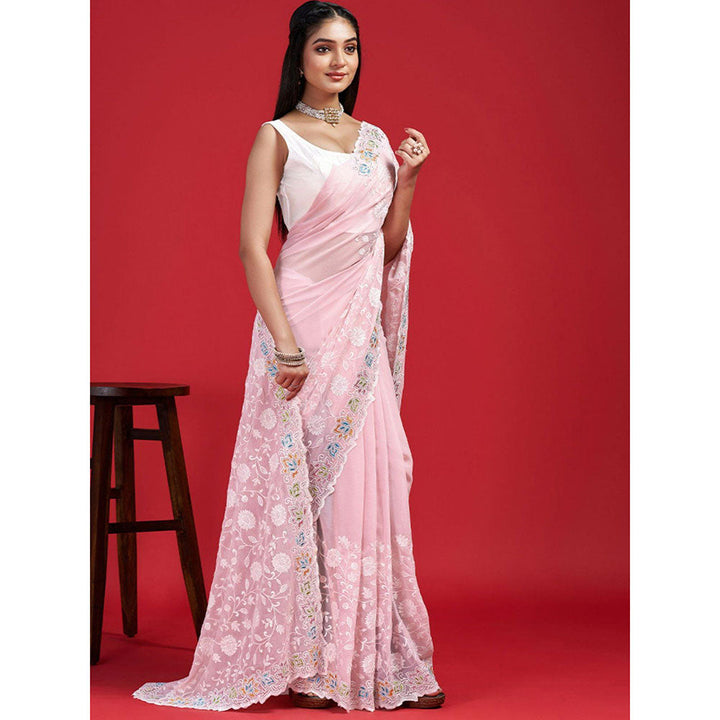 Odette Pink Georgette Embroidered Saree with Unstitched Blouse for Women