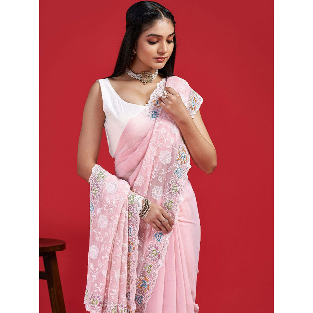 Odette Pink Georgette Embroidered Saree with Unstitched Blouse for Women