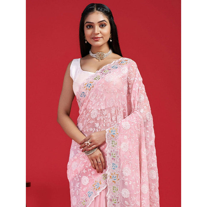 Odette Pink Georgette Embroidered Saree with Unstitched Blouse for Women