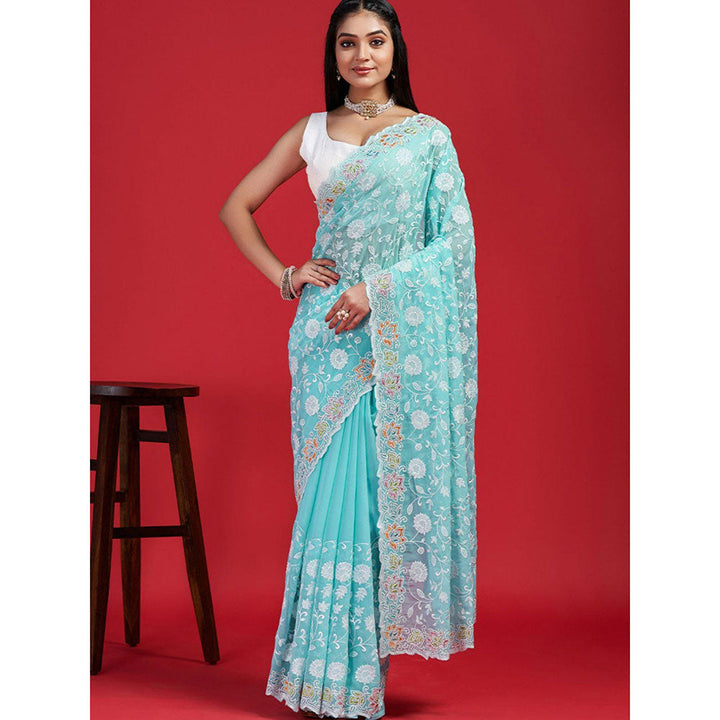 Odette Sky Blue Georgette Embroidered Saree with Unstitched Blouse for Women