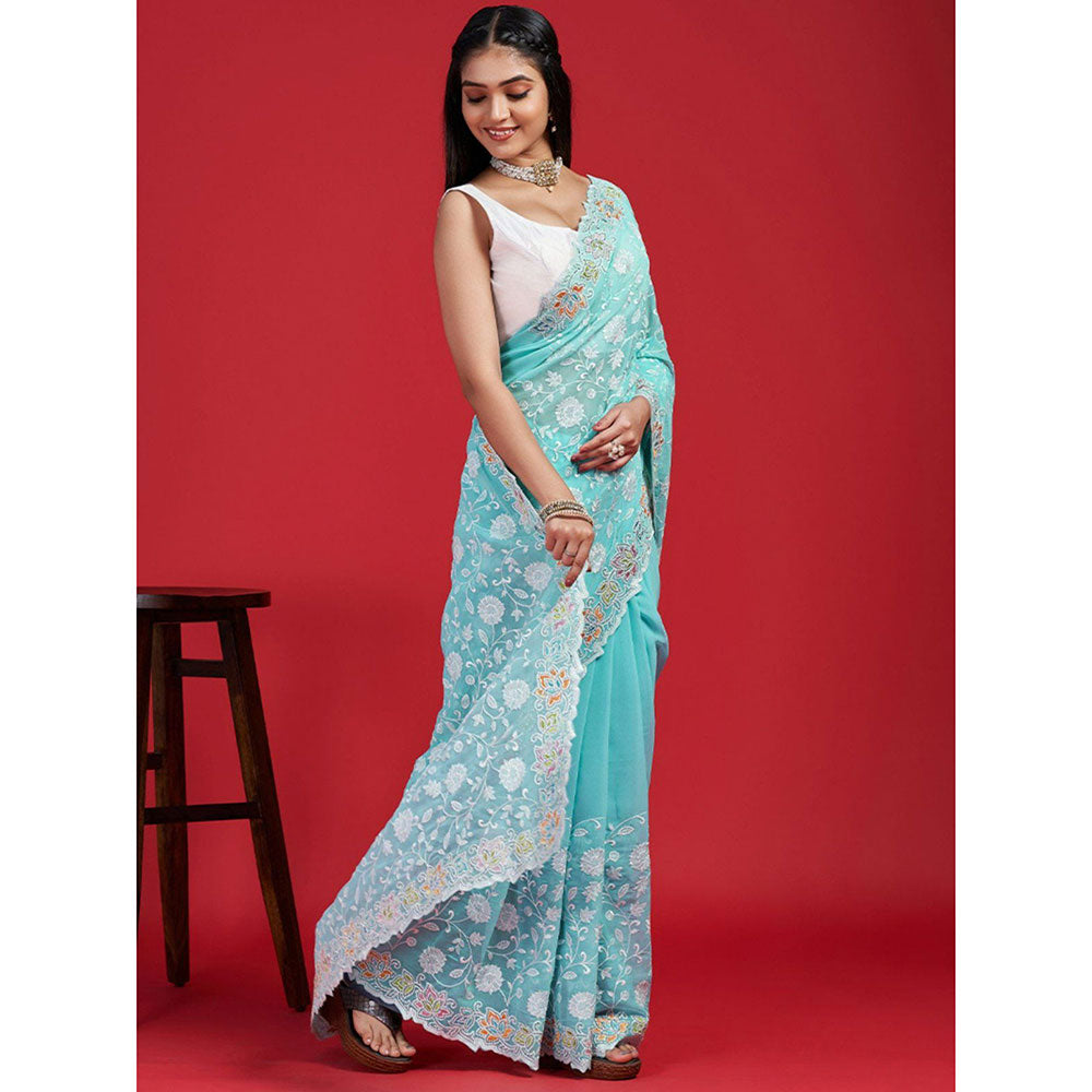 Odette Sky Blue Georgette Embroidered Saree with Unstitched Blouse for Women