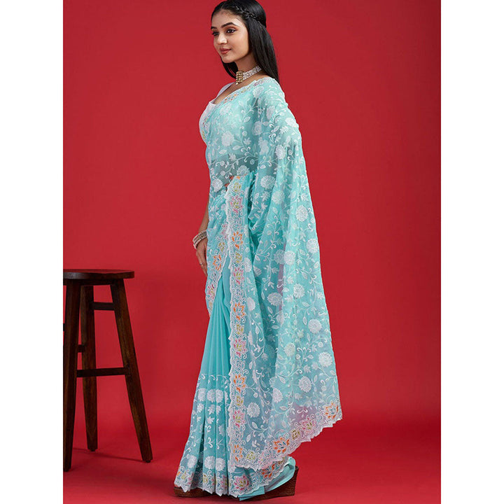 Odette Sky Blue Georgette Embroidered Saree with Unstitched Blouse for Women