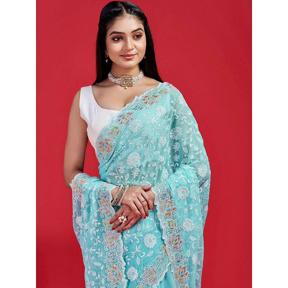 Odette Sky Blue Georgette Embroidered Saree with Unstitched Blouse for Women