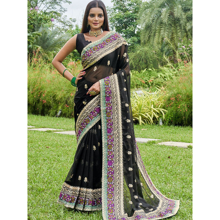 Odette Black Georgette Embroidered Saree with Unstitched Blouse for Women