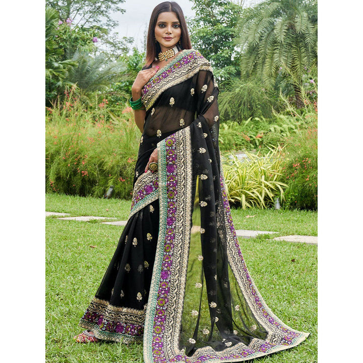 Odette Black Georgette Embroidered Saree with Unstitched Blouse for Women