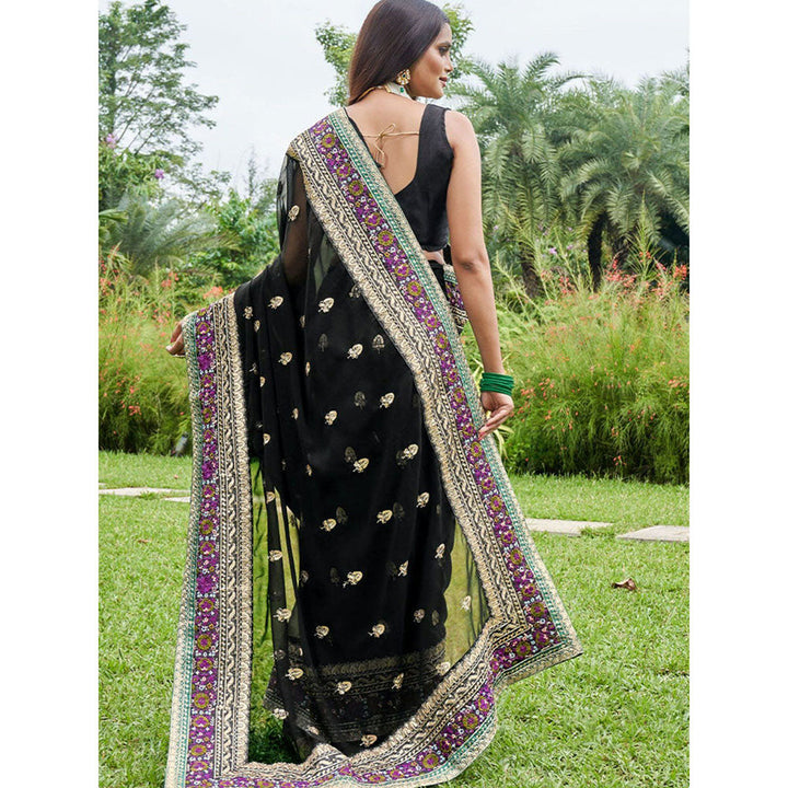 Odette Black Georgette Embroidered Saree with Unstitched Blouse for Women