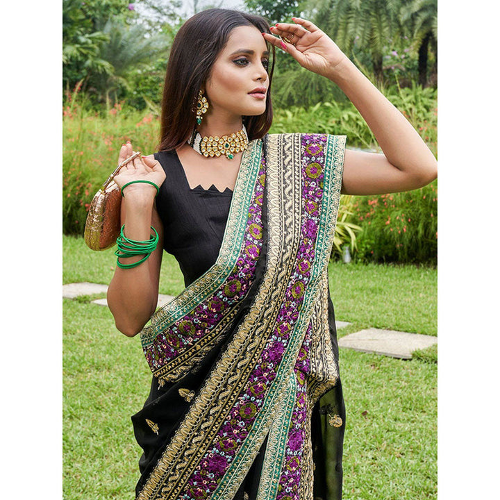 Odette Black Georgette Embroidered Saree with Unstitched Blouse for Women