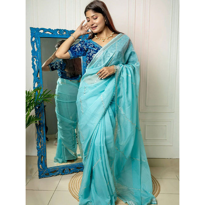 Odette Light Blue Organza Embroidered Saree with Unstitched Blouse for Women