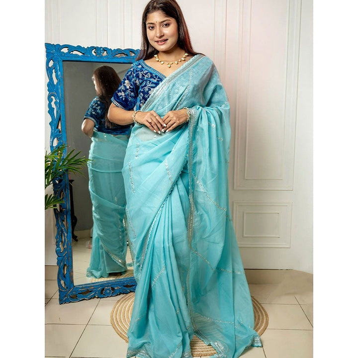 Odette Light Blue Organza Embroidered Saree with Unstitched Blouse for Women