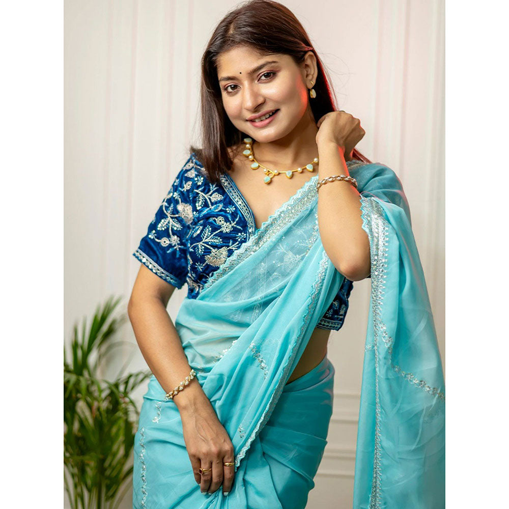 Odette Light Blue Organza Embroidered Saree with Unstitched Blouse for Women