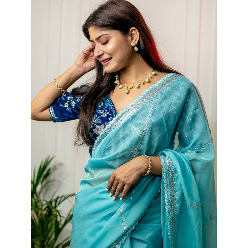 Odette Light Blue Organza Embroidered Saree with Unstitched Blouse for Women