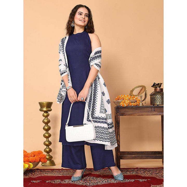 Odette Navy Blue Rayon Solid Kurta and Pant with Dupatta for Women (Set of 3)