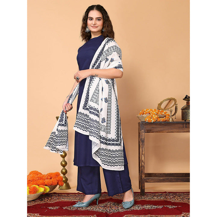 Odette Navy Blue Rayon Solid Kurta and Pant with Dupatta for Women (Set of 3)