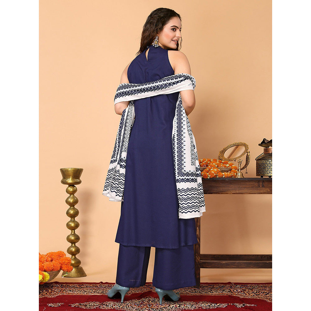 Odette Navy Blue Rayon Solid Kurta and Pant with Dupatta for Women (Set of 3)