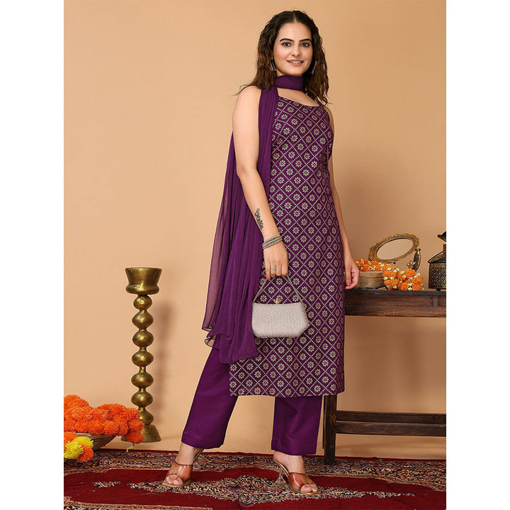 Odette Purple Rayon Printed Kurta and Pant with Dupatta for Women (Set of 3)