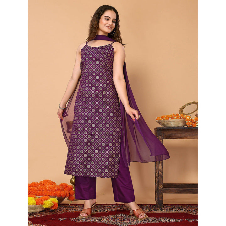 Odette Purple Rayon Printed Kurta and Pant with Dupatta for Women (Set of 3)