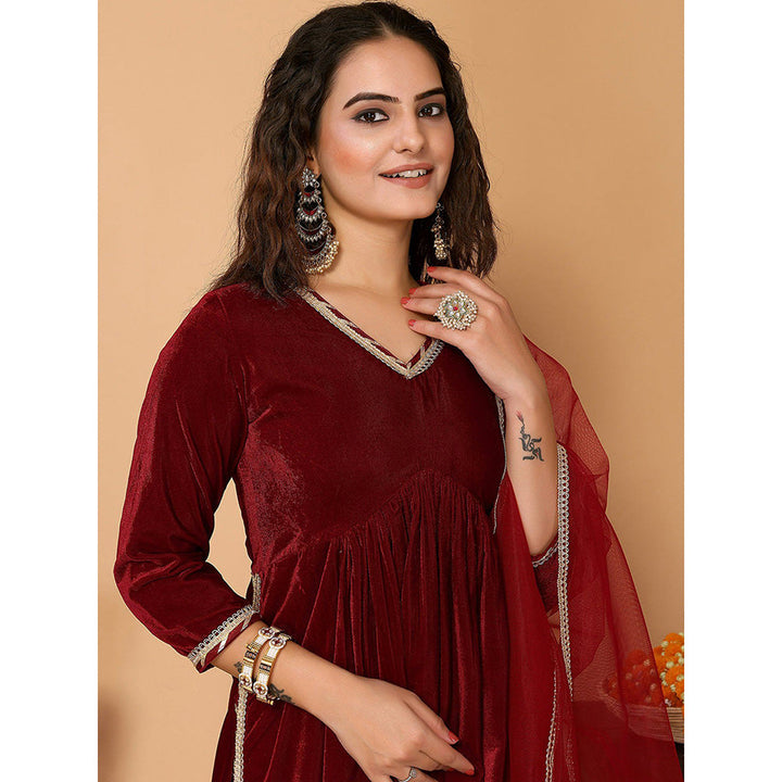 Odette Maroon Velvet Solid Kurta and Pant with Dupatta for Women (Set of 3)