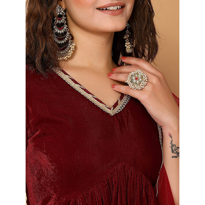 Odette Maroon Velvet Solid Kurta and Pant with Dupatta for Women (Set of 3)