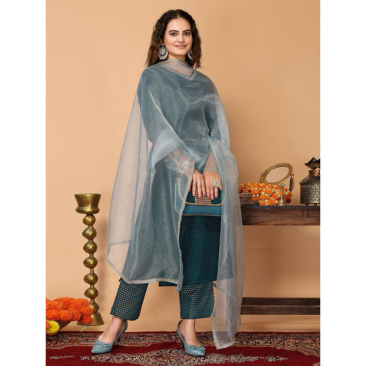 Odette Teal Velvet Solid Kurta and Pant with Dupatta for Women (Set of 3)