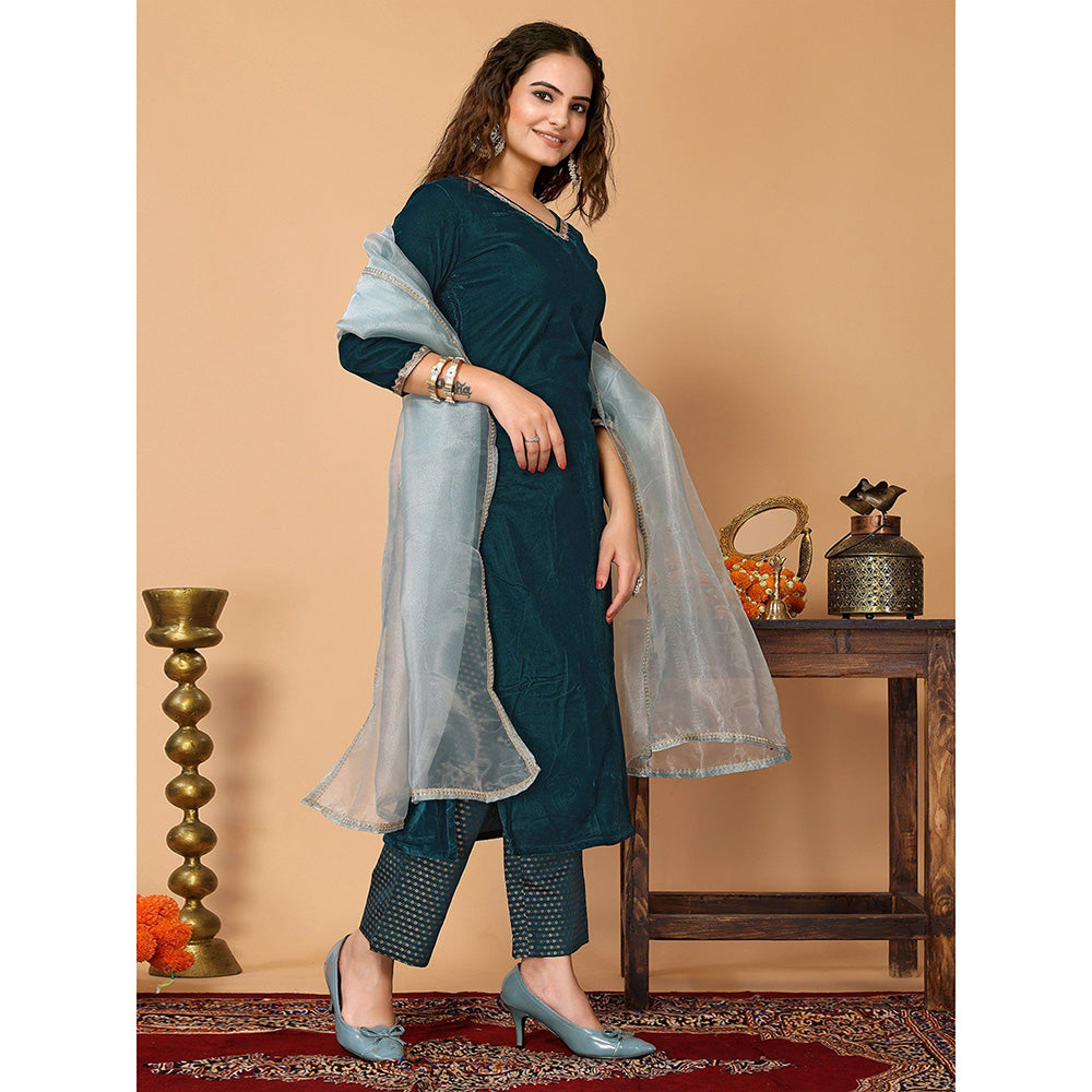 Odette Teal Velvet Solid Kurta and Pant with Dupatta for Women (Set of 3)