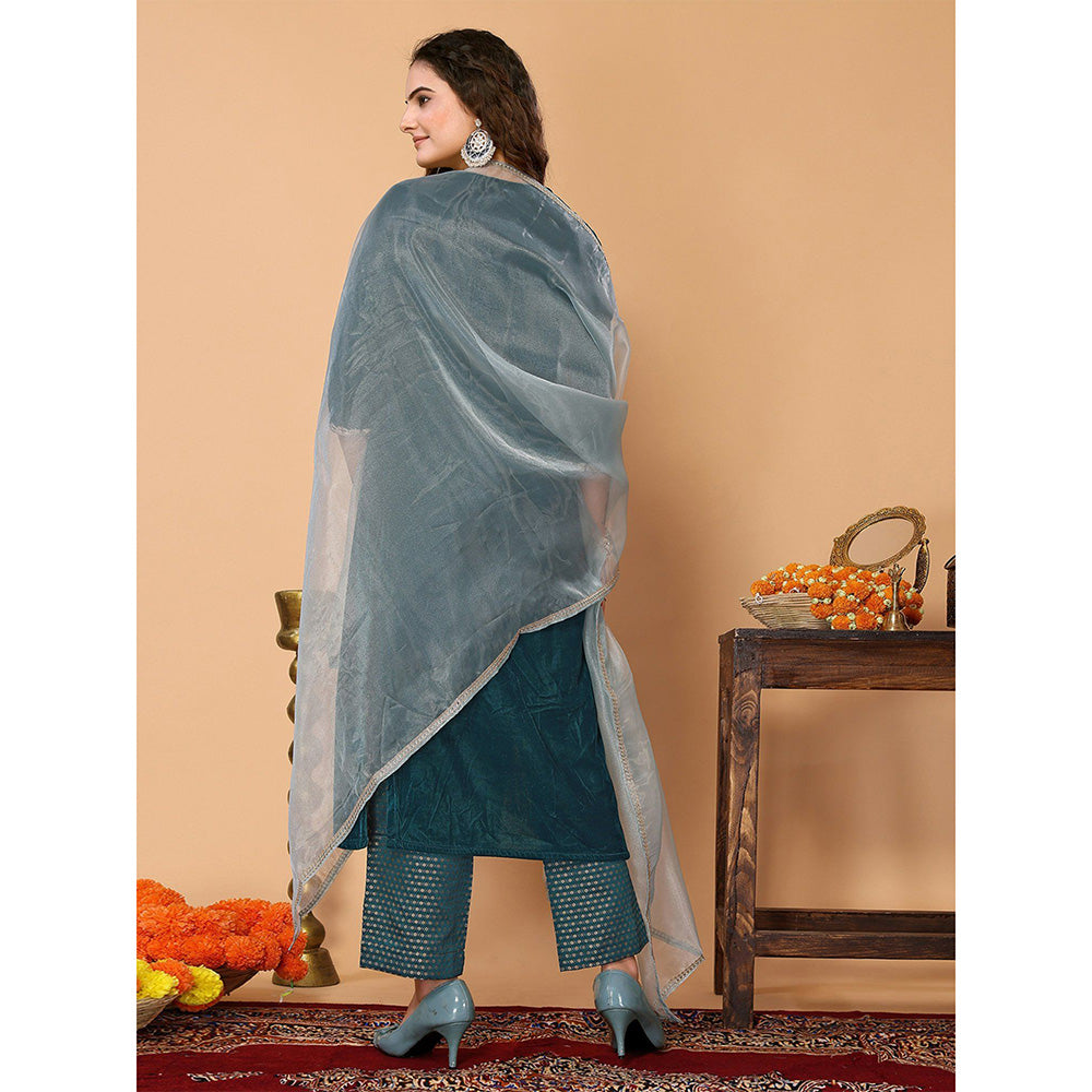 Odette Teal Velvet Solid Kurta and Pant with Dupatta for Women (Set of 3)