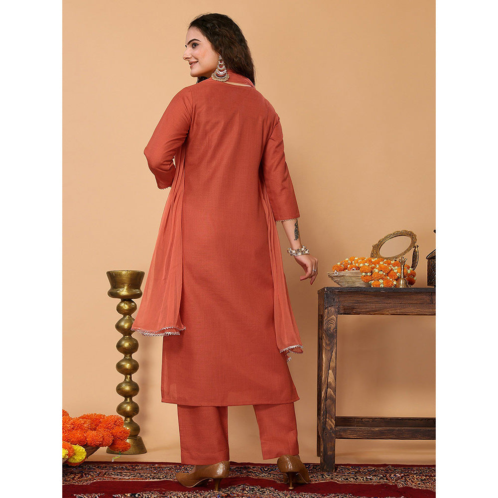 Odette Rust Cotton Blend Embroidered Kurta and Pant with Dupatta for Women (Set of 3)