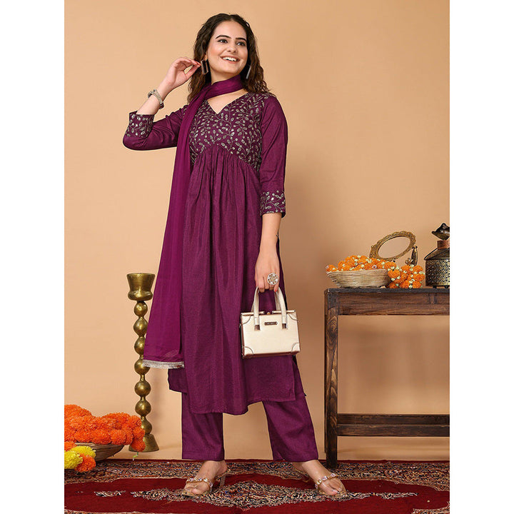 Odette Purple Silk Blend Embellished Kurta and Pant with Dupatta for Women (Set of 3)