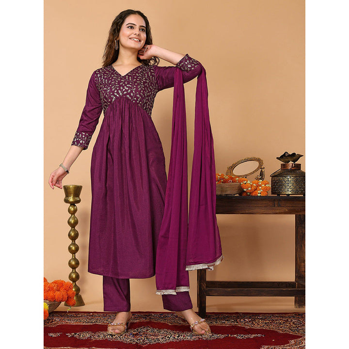 Odette Purple Silk Blend Embellished Kurta and Pant with Dupatta for Women (Set of 3)