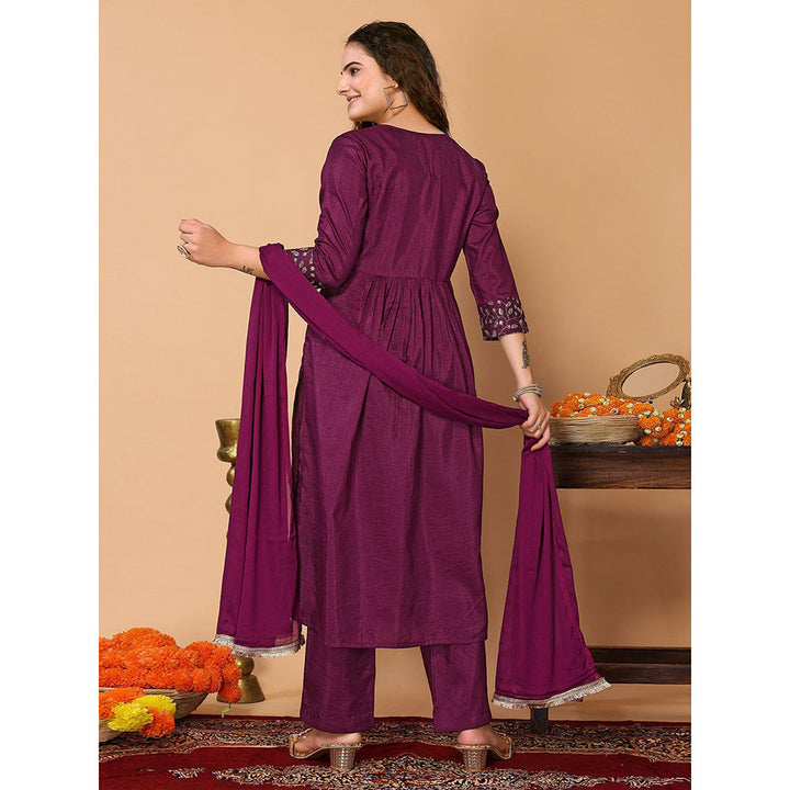 Odette Purple Silk Blend Embellished Kurta and Pant with Dupatta for Women (Set of 3)