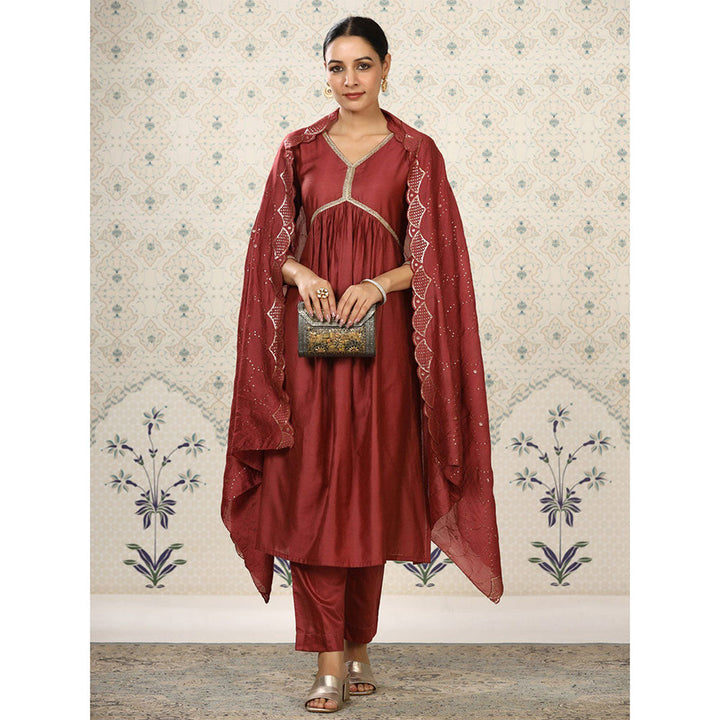 Odette Maroon Cotton Solid Kurta and Pant with Dupatta for Women (Set of 3)