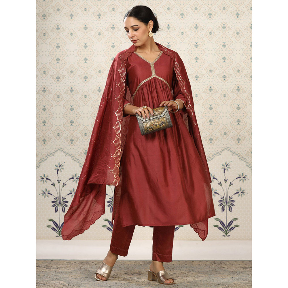 Odette Maroon Cotton Solid Kurta and Pant with Dupatta for Women (Set of 3)