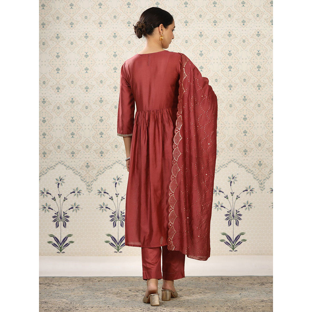 Odette Maroon Cotton Solid Kurta and Pant with Dupatta for Women (Set of 3)