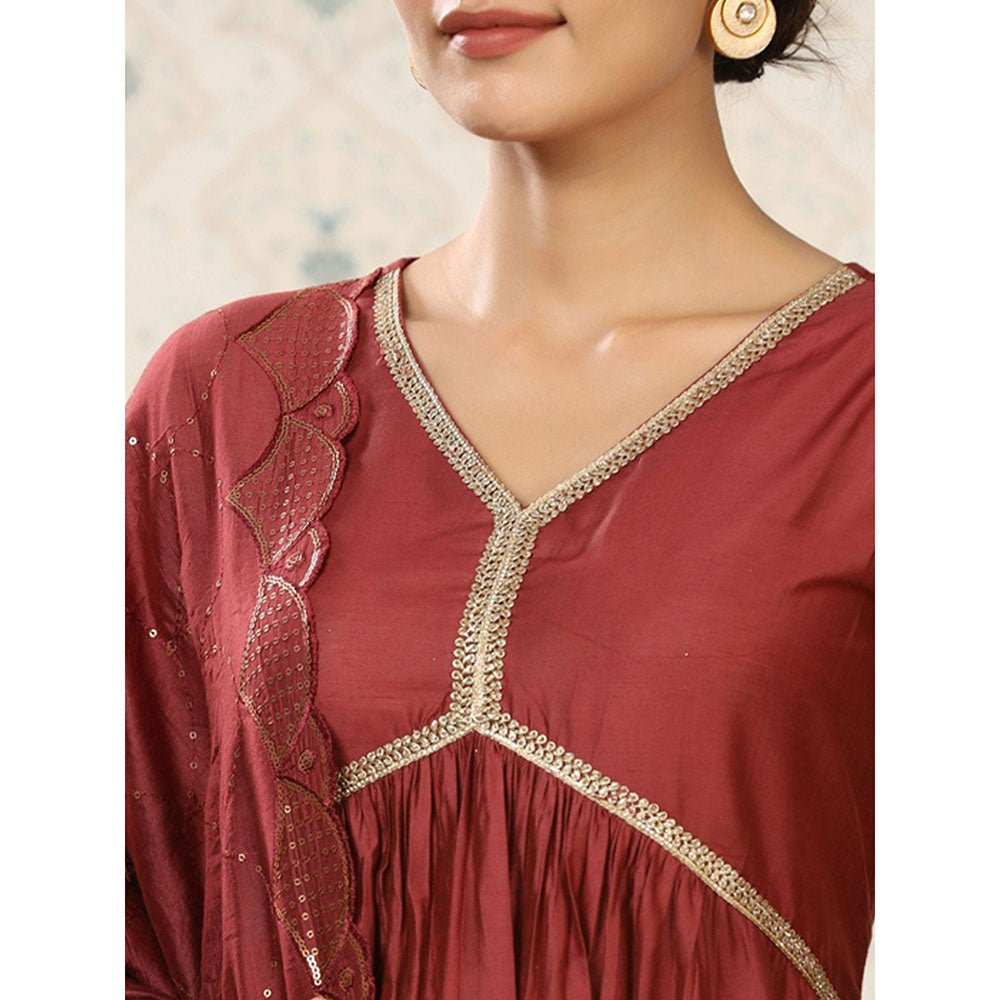 Odette Maroon Cotton Solid Kurta and Pant with Dupatta for Women (Set of 3)