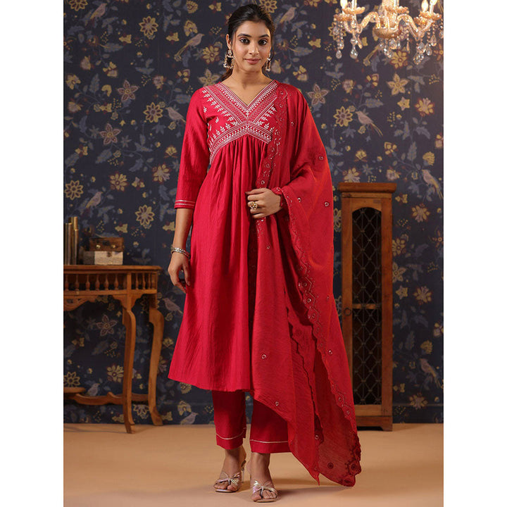 Odette Red Cotton Embroidered Kurta and Pant with Dupatta for Women (Set of 3)