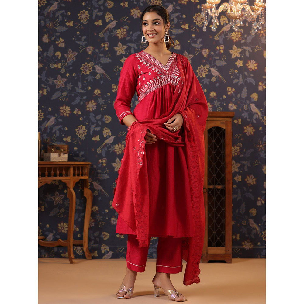 Odette Red Cotton Embroidered Kurta and Pant with Dupatta for Women (Set of 3)