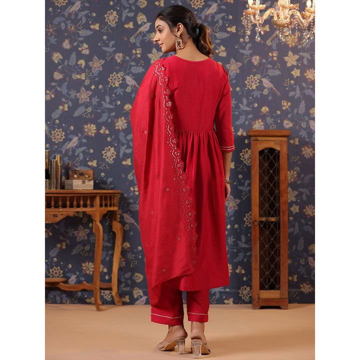 Odette Red Cotton Embroidered Kurta and Pant with Dupatta for Women (Set of 3)