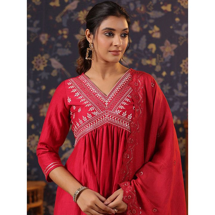 Odette Red Cotton Embroidered Kurta and Pant with Dupatta for Women (Set of 3)