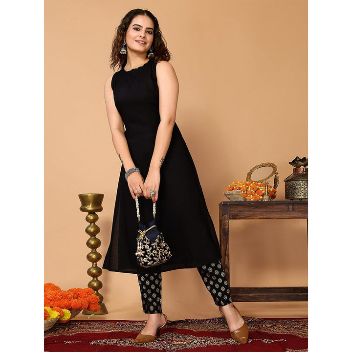 Odette Black Rayon Solid A Line Kurta and Pant for Women (Set of 2)