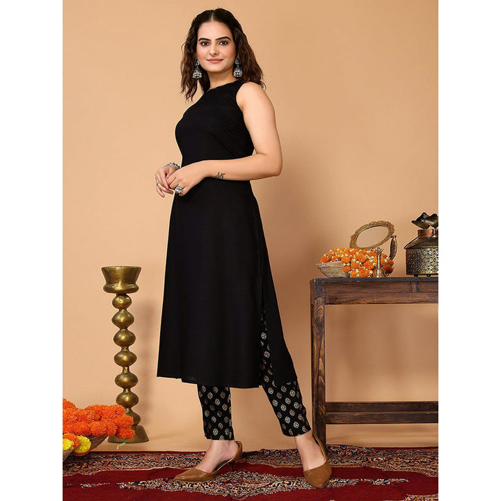 Odette Black Rayon Solid A Line Kurta and Pant for Women (Set of 2)