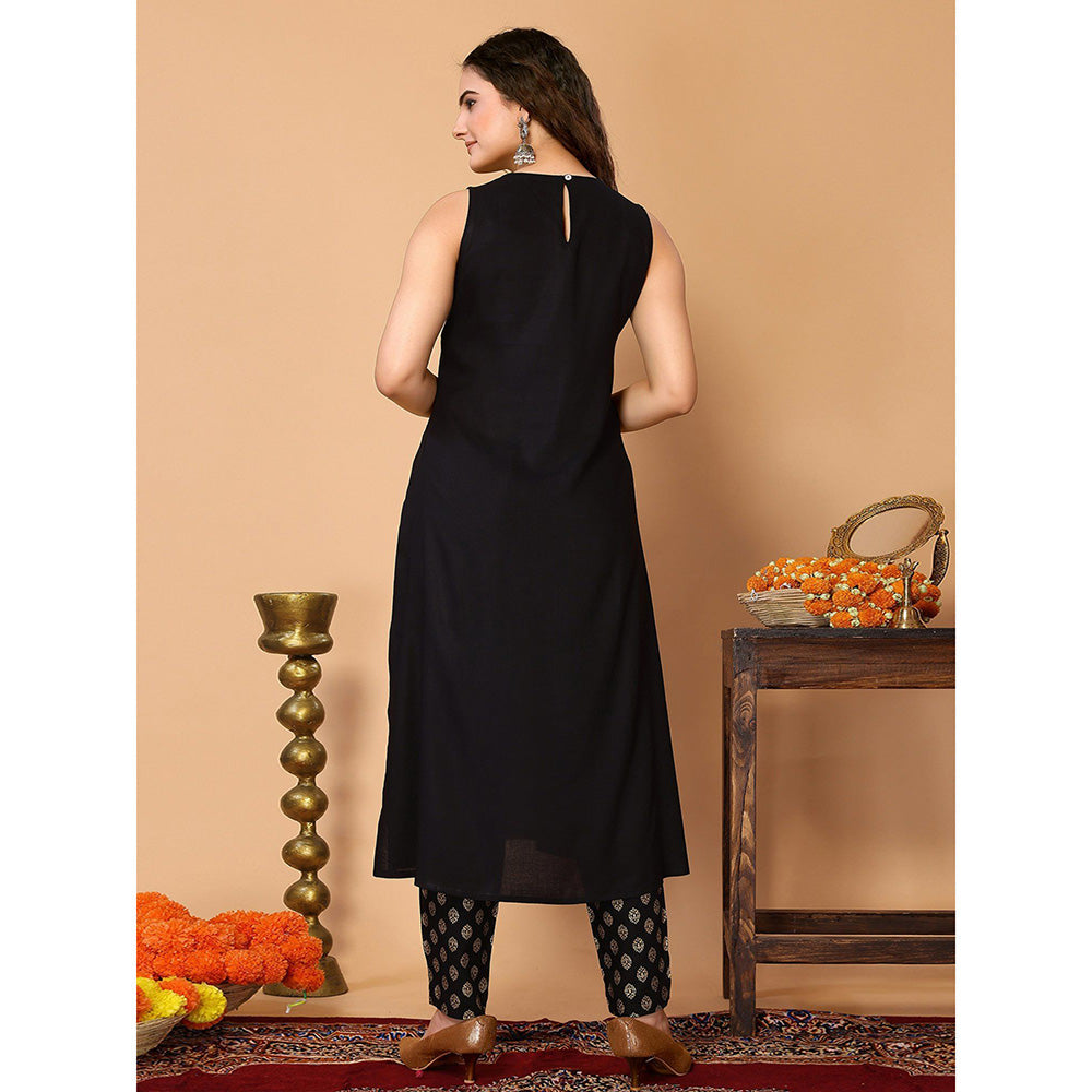 Odette Black Rayon Solid A Line Kurta and Pant for Women (Set of 2)