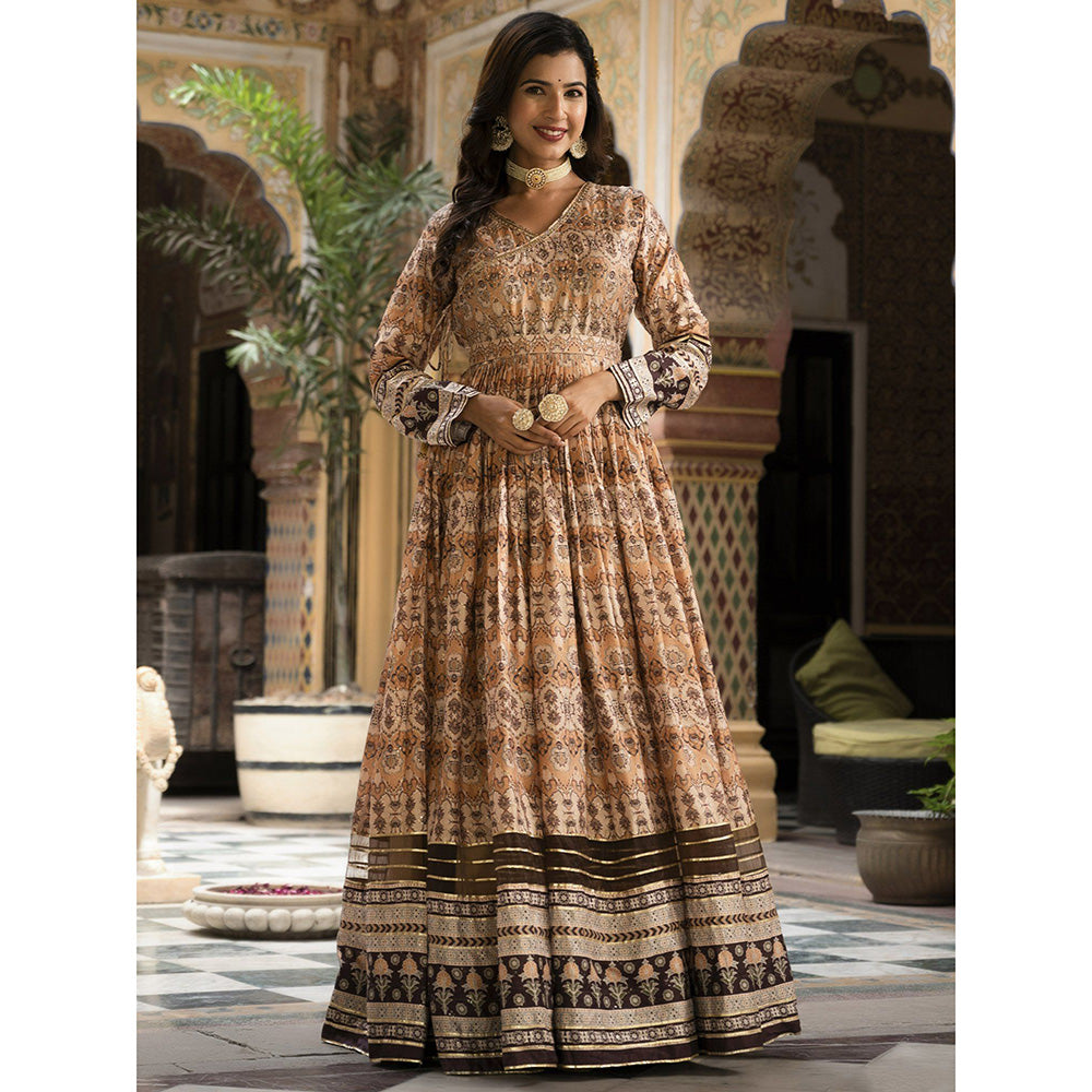 Odette Apricot and Brown Printed Dola Silk Anarkali Suit with Dupatta For Women (Set of 3)